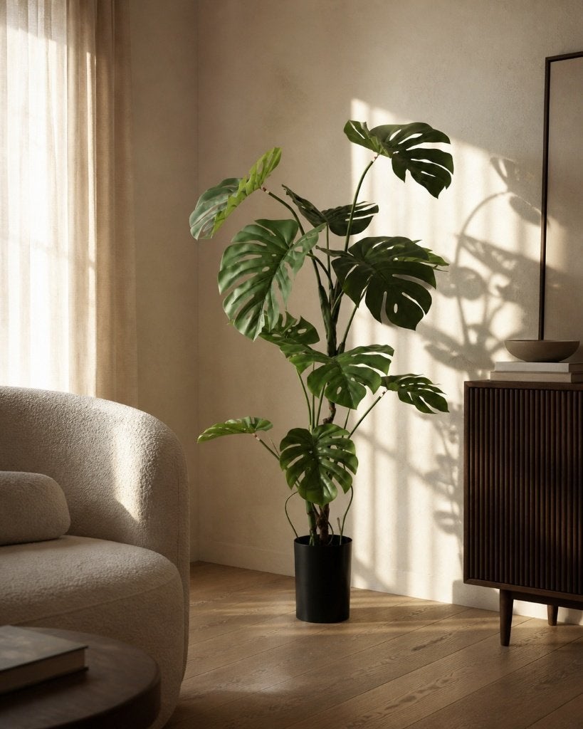 Monstera Ombra 120 cm – Plante Artificielle Réaliste, Binnen, Groen, Met pot of vaas, Kunstplant