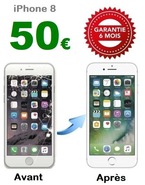 Réparation écran iPhone 8 à 50€ Garantie 6 mois Verre trempé, Enlèvement, Autres types, Apple iPhone