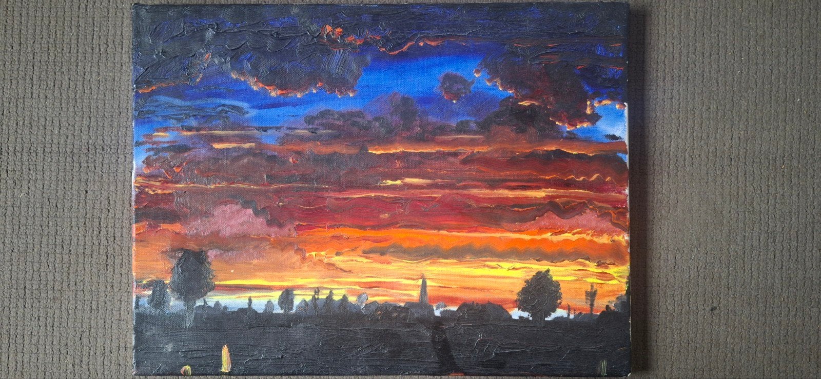 Schilderij kerkje aan horizon 40×30 cm, Ophalen of Verzenden, Doek
