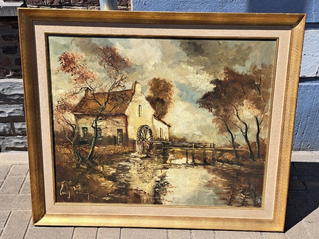 huile sur toile moulin a eau signe emile lammers, Antiquités & Art, Enlèvement, Toile