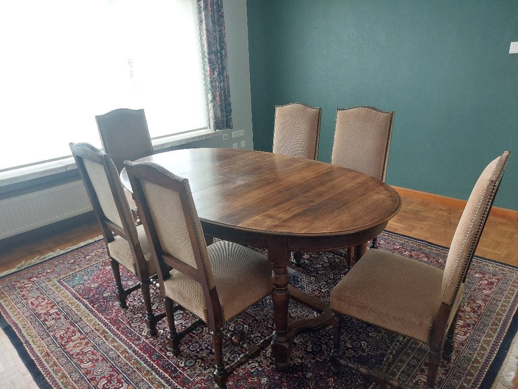 Eikenhouten eettafel met 6 bijhorende stoelen, Ophalen, 100 tot 150 cm, Eikenhout, 200 cm of meer