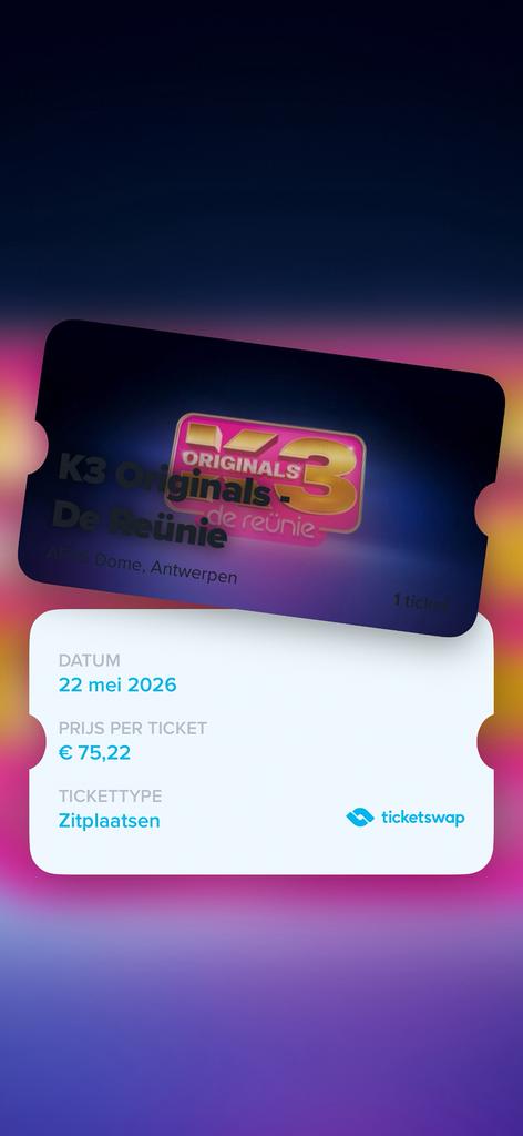 K3 ORIGINALS TICKET, Tickets en Kaartjes, Eén persoon