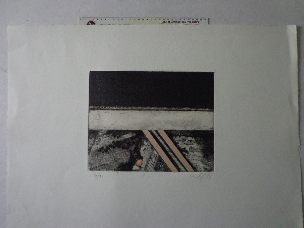 ets / gemengde techniek van Eric Verhal uit 1984, Antiek en Kunst, Kunst | Etsen en Gravures, Ophalen of Verzenden, Ets, Gesigneerd