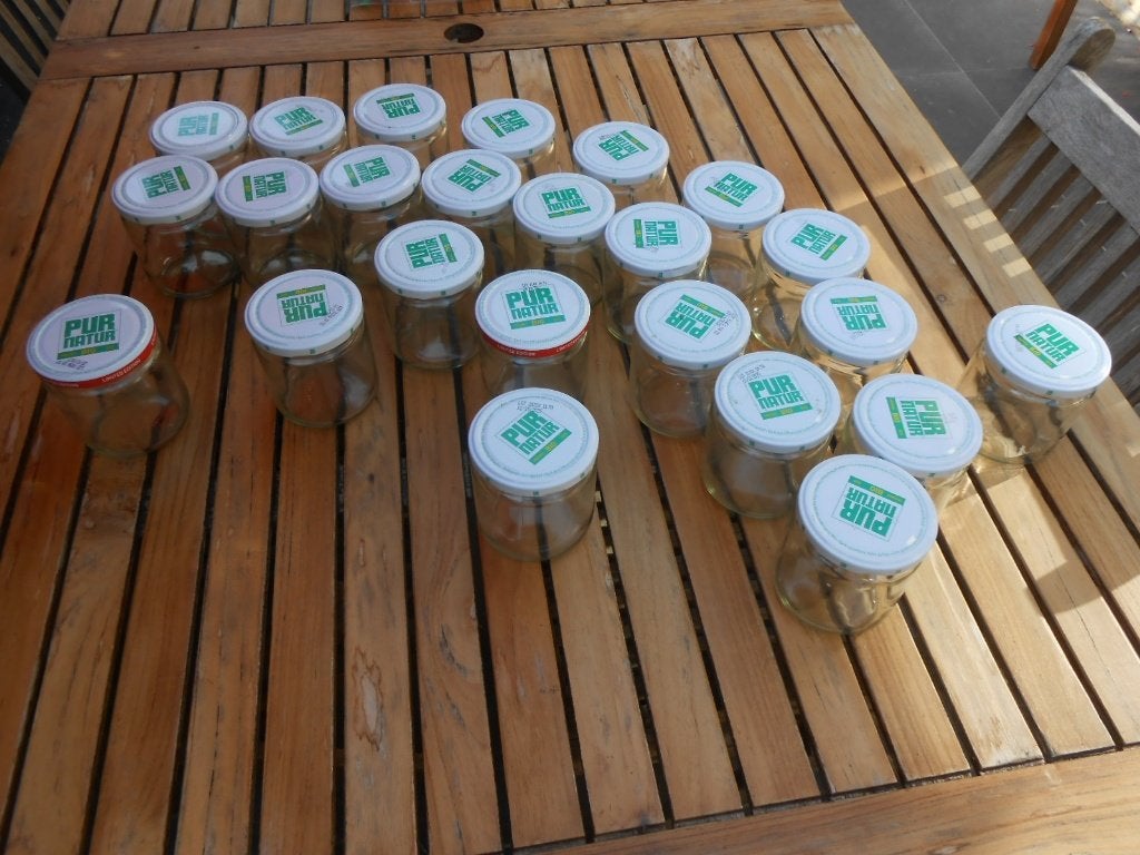 confituurpotten bokaals glas inhoud 450ml Ø8,5cm H9,5cm, Ophalen of Verzenden, Gebruikt, Glas, Pot, Bus of Blik