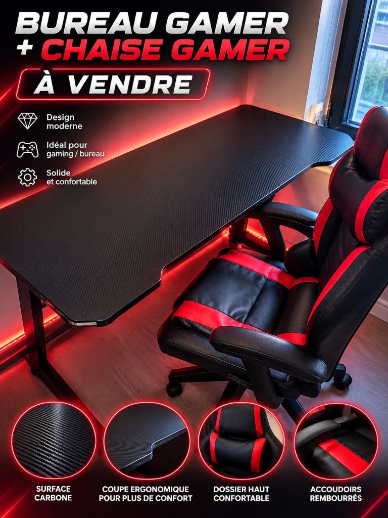 Bureau gaming + chaise, Maison & Meubles, Rouge, Comme neuf, Chaise de bureau de gaming, Enlèvement