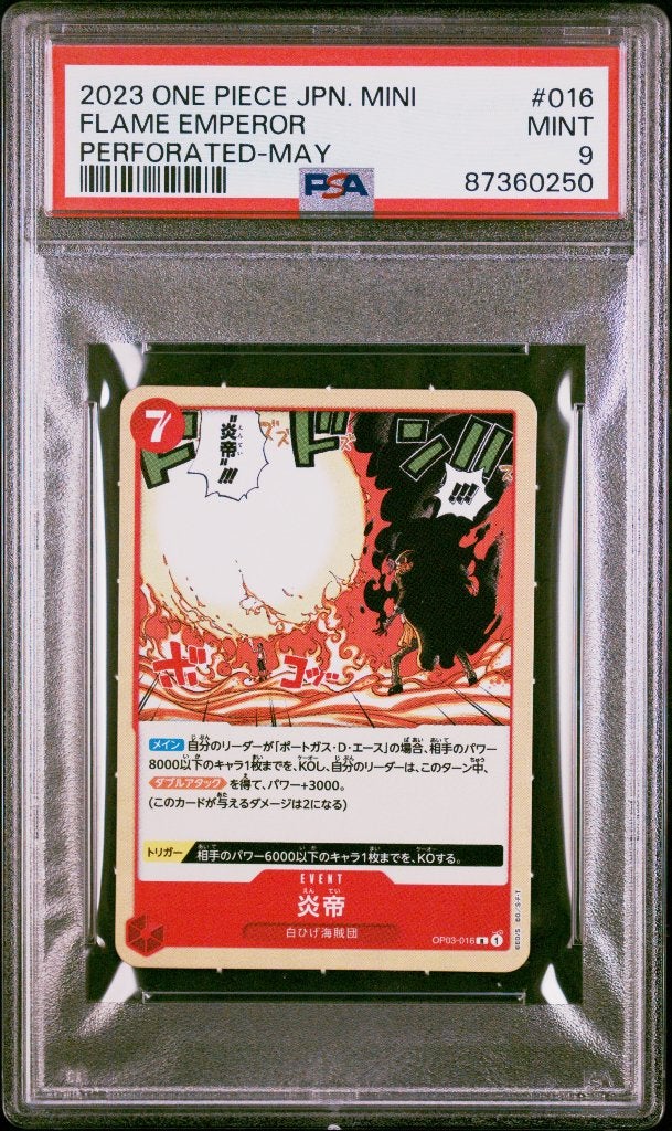 ONE PIECE JUMP MINI PROMO FLAME EMPEROR PERFORATED PSA 9, Enlèvement ou Envoi, Neuf, Cartes en vrac