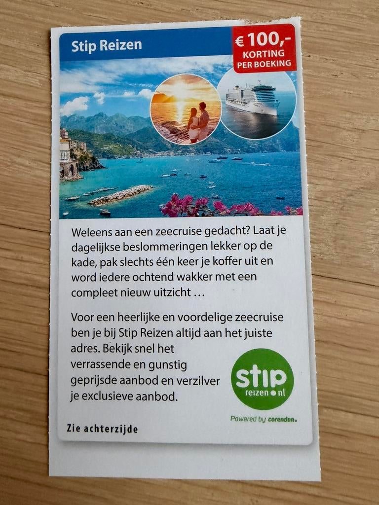 € 100 korting met kortingsbon bij Stip Reizen, Tickets & Billets, Loisirs | Autre, Deux personnes, Carte de réduction