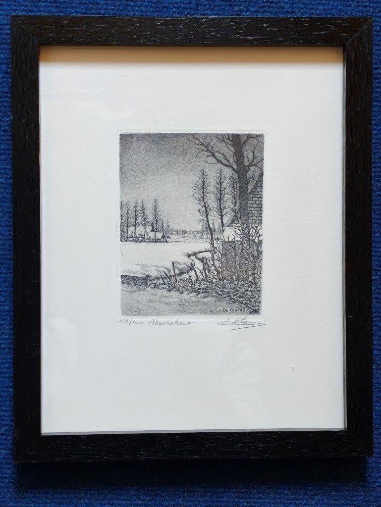 Gravure signée « Meershaut » — Emiel De Cooman, Antiquités & Art, Eau-forte, 26 cm, 1950 - 1999, Paysage