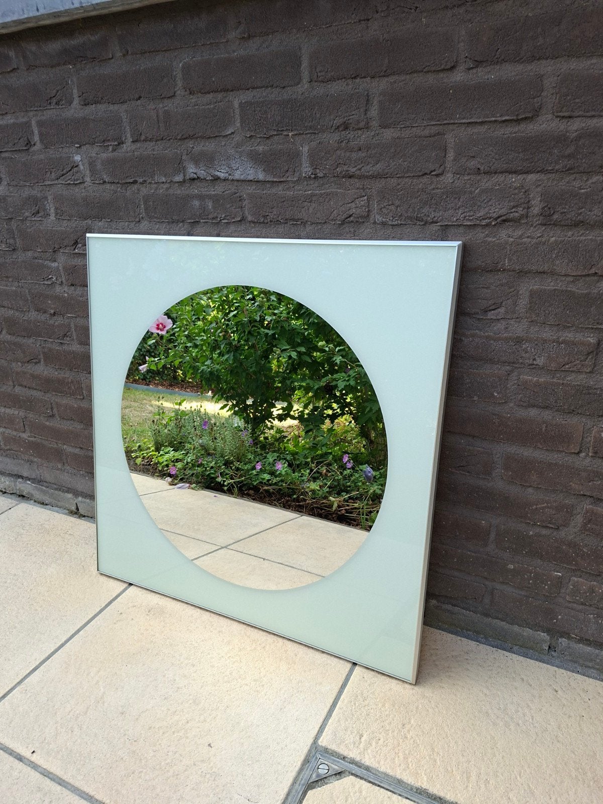Ronde spiegel in vierkante kader., Ophalen, Gebruikt, Vierkant, Minder dan 100 cm