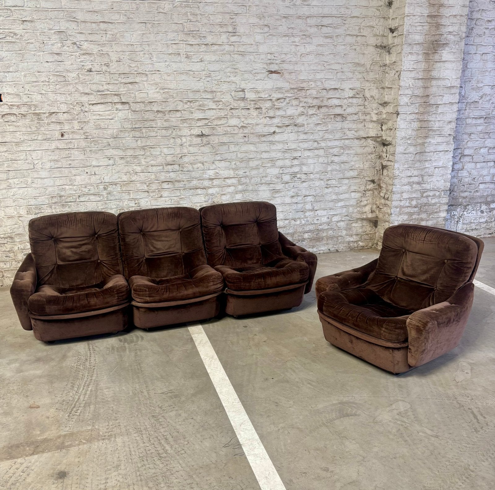 Canapé modulable 3 places fauteuil vintage velours marron 70, Enlèvement, Comme neuf, Décoration
