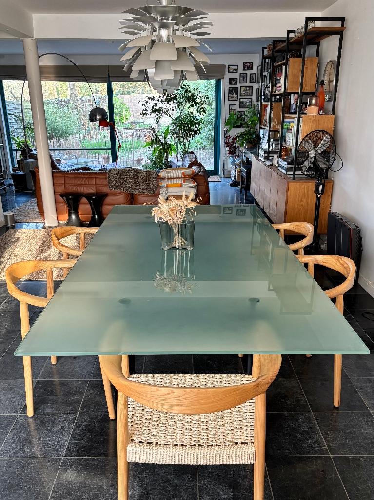 Tafel design 240 cm gezandstraald – Le Corbusier LC6 stijl, Huis en Inrichting, Ophalen, Gebruikt, 150 tot 200 cm, 200 cm of meer