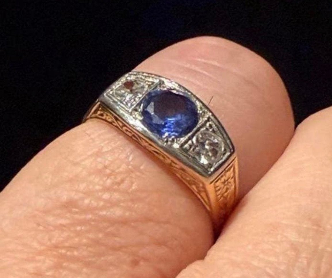 18 karaat gouden ring met natuurlijke diamant en tanzaniet!, Handtassen en Accessoires, Ringen, Dame of Heer, 18 tot 19, Goud