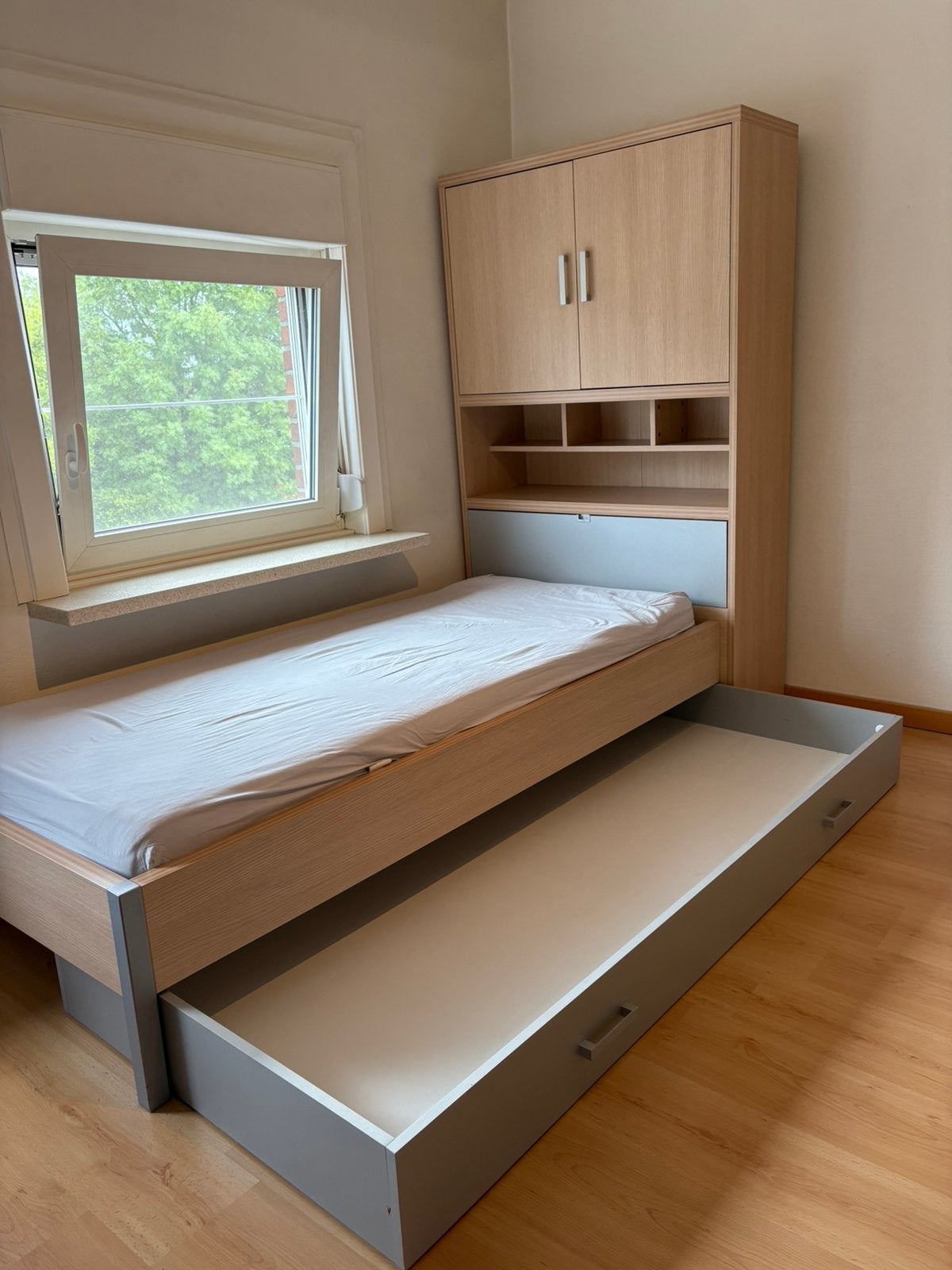 1-persoonsbed met overbouw en bedlade, lattenbodem en matras, Maison & Meubles, 90 cm, Beige, Une personne, Enlèvement