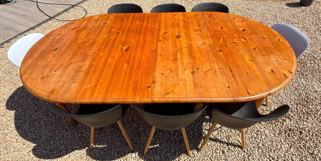 houten eettafel en 8 stoelen, Ophalen, Gebruikt, 100 tot 150 cm, Hout