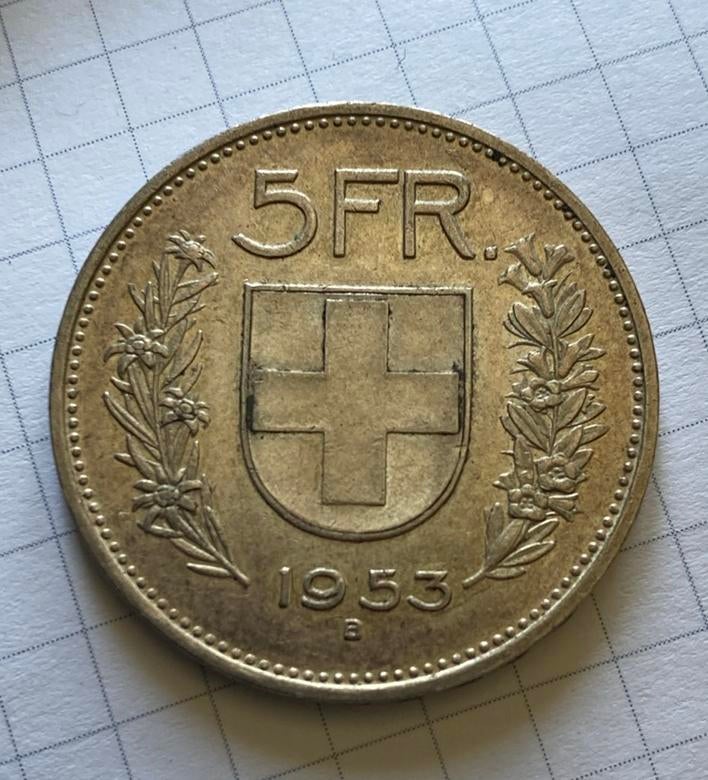 Zwitserse munt 5 FR uit 1953, Ophalen of Verzenden, Overige landen, Zilver