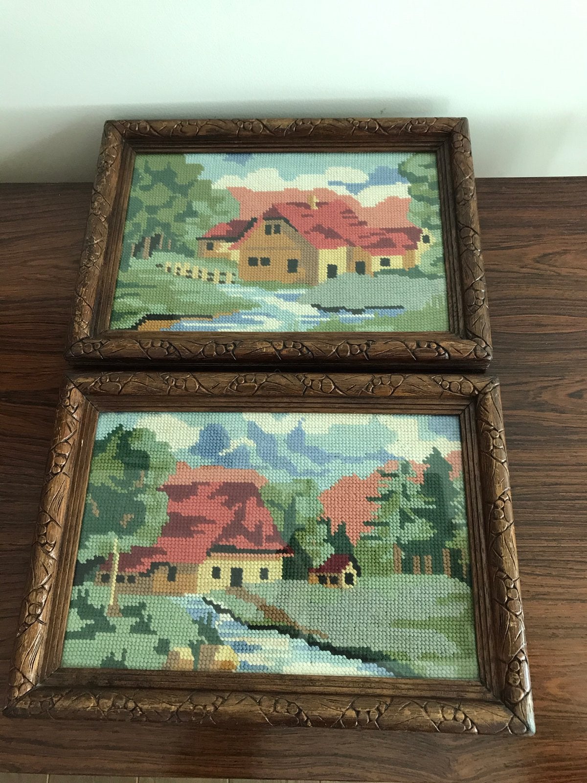 2 oude houten lijsten kaders handwerk achter glas, Antiek en Kunst, Ophalen of Verzenden