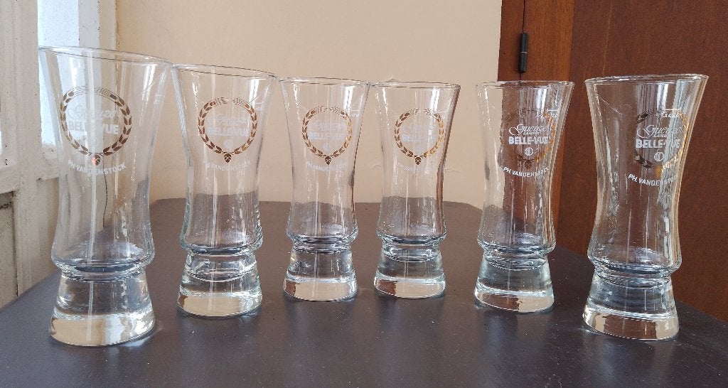6 Glazen "Gueuze Lambic Belle-Vue" Ph.Vandenstock, Ophalen, Zo goed als nieuw, Bierglas