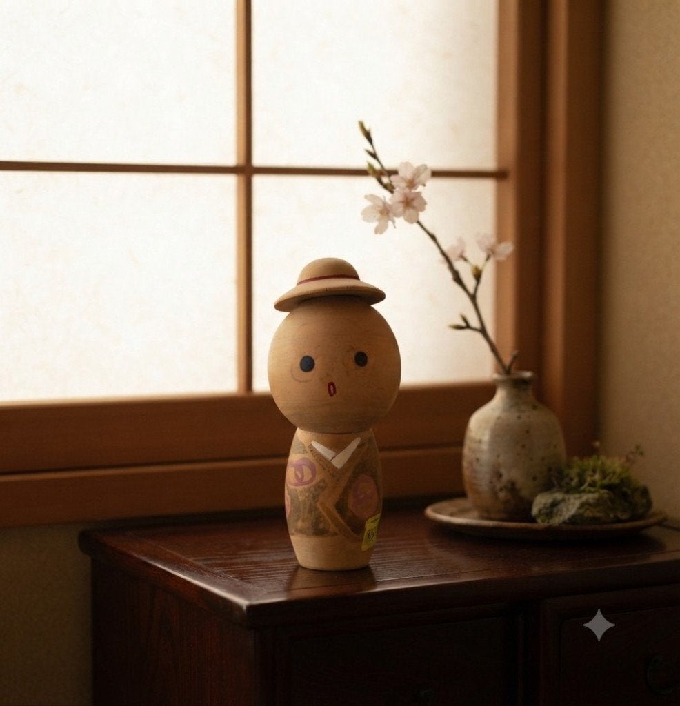 Joli kokeshi, Fait main, Japon, Bois, 9 cm