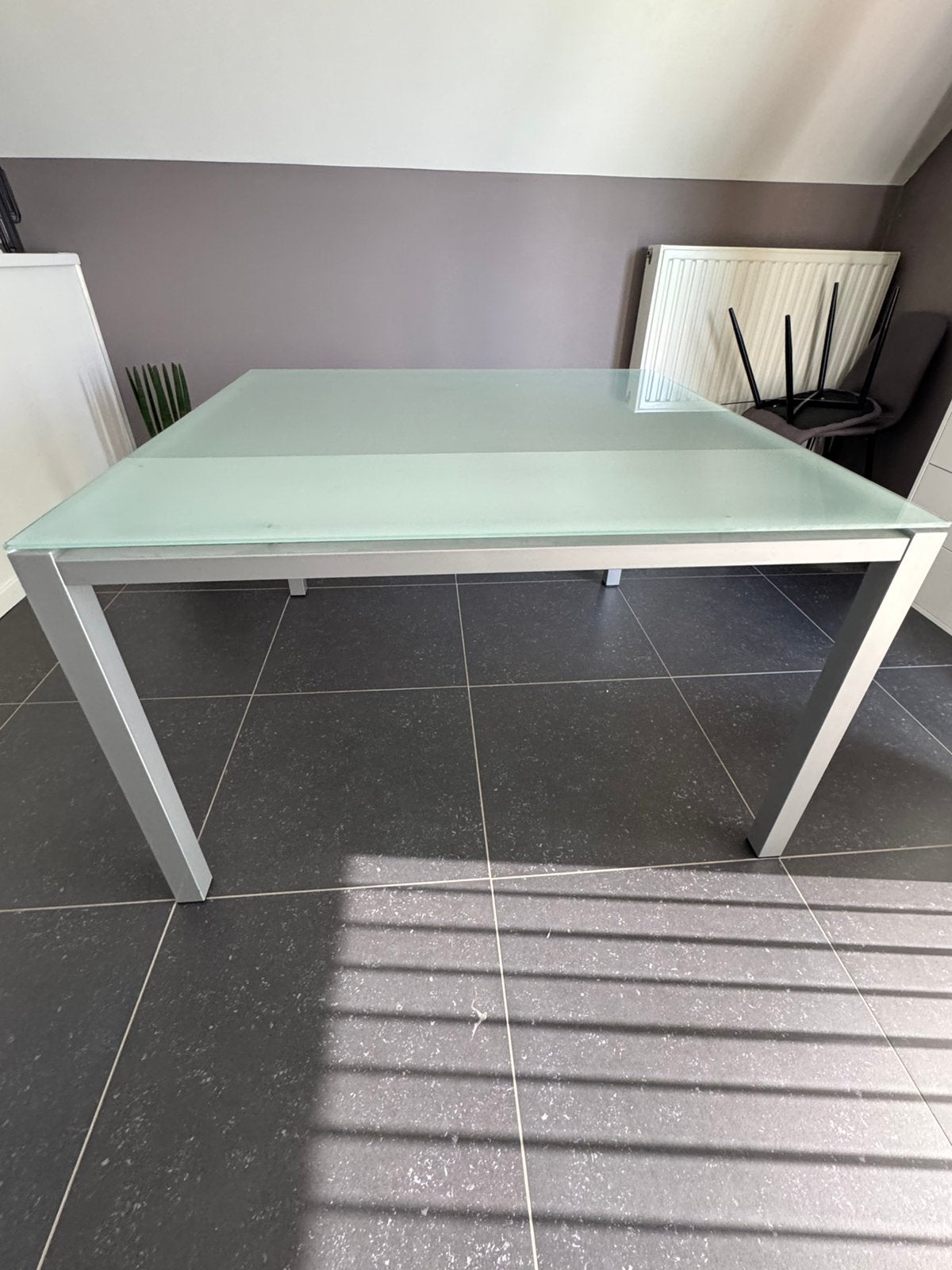Glazen eettafel, Huis en Inrichting, Tafels | Eettafels, Ophalen, Zo goed als nieuw, Vierkant, Glas