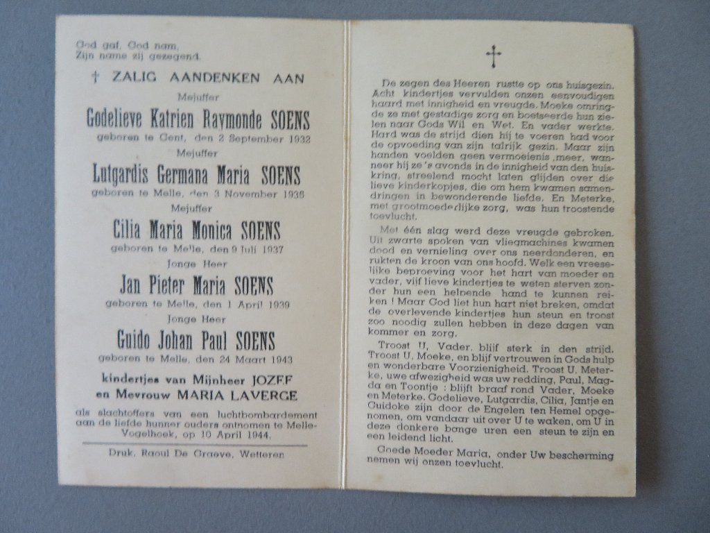 5 Kinderen Fam. Soens Melle bombardement Duitsers 1944, Verzamelen, Ophalen of Verzenden, Bidprentje