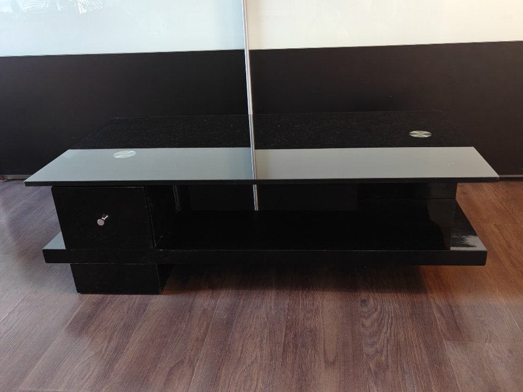 Table basse moderne noire avec plateau en verre et tiroir, Enlèvement, Utilisé, 75 cm ou plus, Rectangulaire