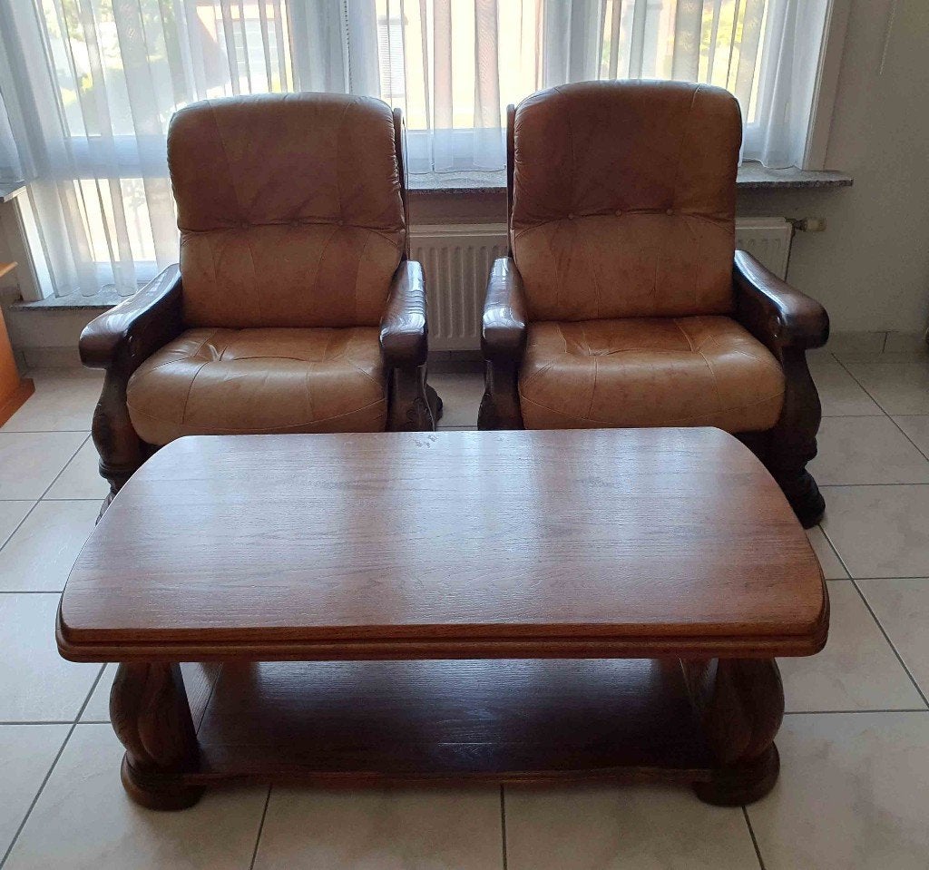 Leren fauteuils + Salontafel, Maison & Meubles, Canapés | Salons, Banc droit, Une personne, Enlèvement, Utilisé
