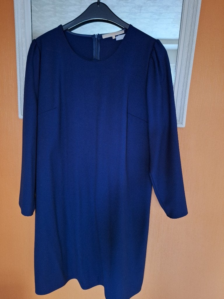 donkerblauwe jurk 44 en beige, Kleding | Dames, Ophalen, Blauw, Maat 42/44 (L), Zo goed als nieuw