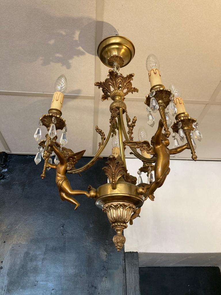 Antieke bronzen kroonluchter met 3 bronzen engelen, Antiek en Kunst, Ophalen