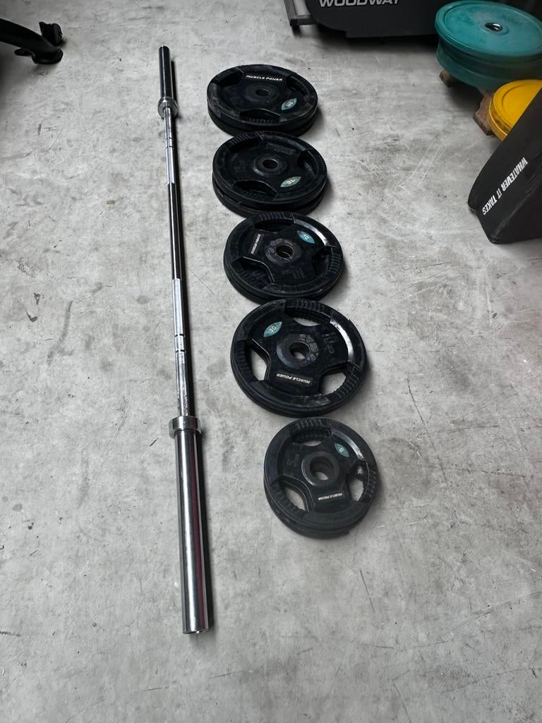 120kg Olympische Gewichten + Olympische Barbell 220cm,20kg, Sport en Fitness, Ophalen, Gebruikt