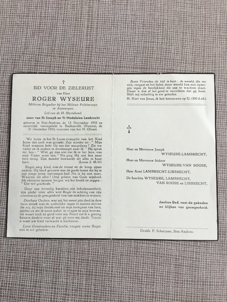 Soldaat Brigadier Militaire Politie R.Wyseure +Baillonville, Verzamelen, Bidprentjes en Rouwkaarten, Verzenden, Bidprentje
