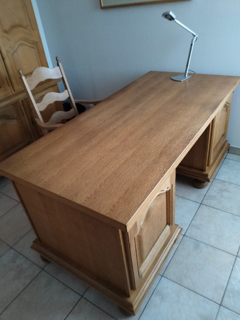 eiken bureau + eiken stoel + gratis stoel, Ophalen, Met lades, Hout, Bruin