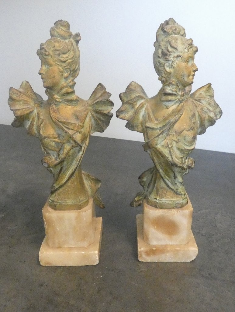 Set Art Nouveau bustes op marmeren sokkel [2077], Enlèvement ou Envoi, Art nouveau, Brons