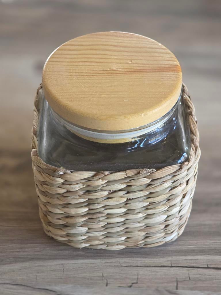 Grote glazen voorraadpot met houten deksel, Ophalen of Verzenden