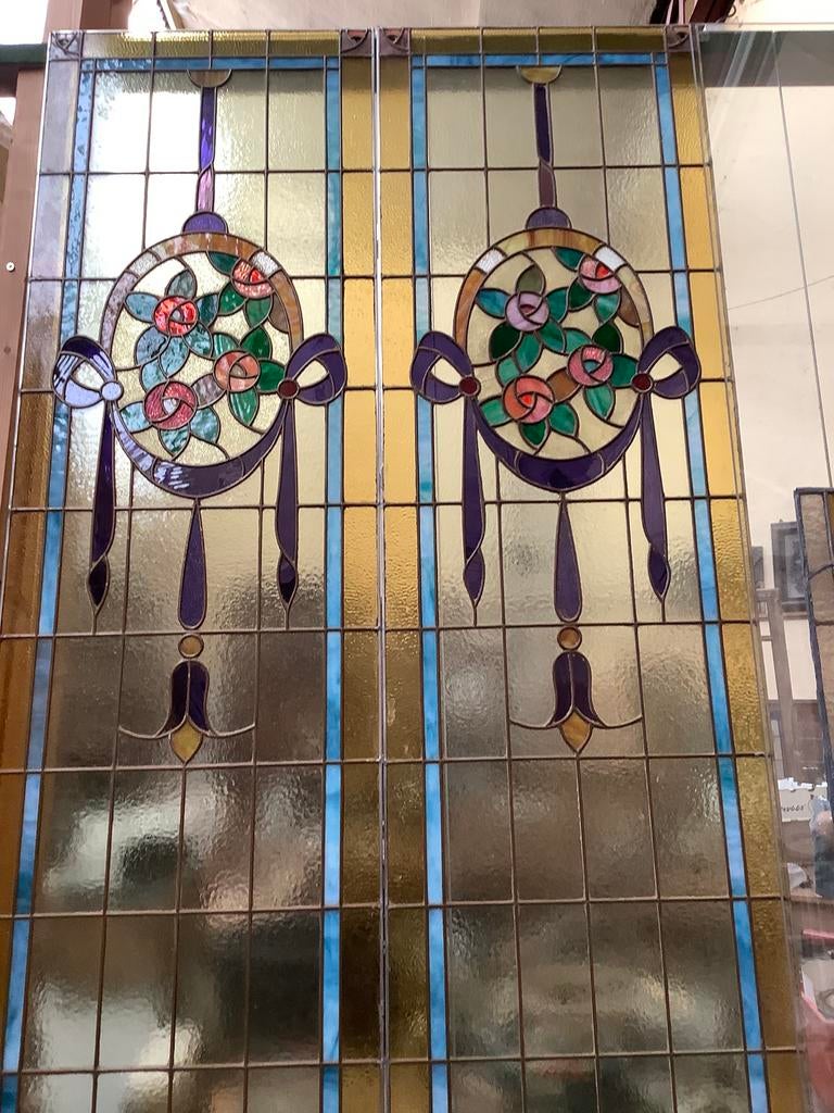 mooi koppel glas in koper ramen art nouveau, Ophalen