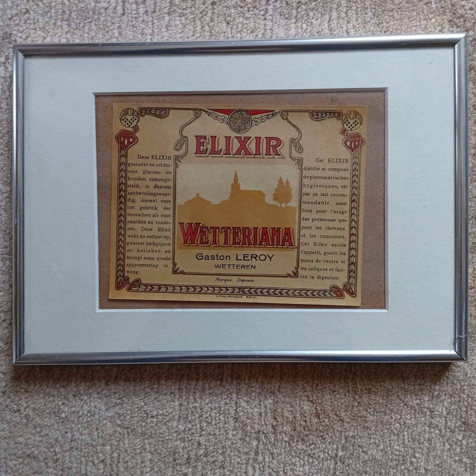 étiquette encadrée ELIXIR Wetteriana Gaston Leroy Wetteren, Enlèvement