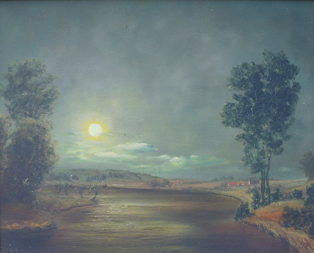 Piet Willequet (1950): Landschap bij Nacht (O/D, 47 x 41 cm), Ophalen of Verzenden, Gesigneerd, Olieverf, Landschap