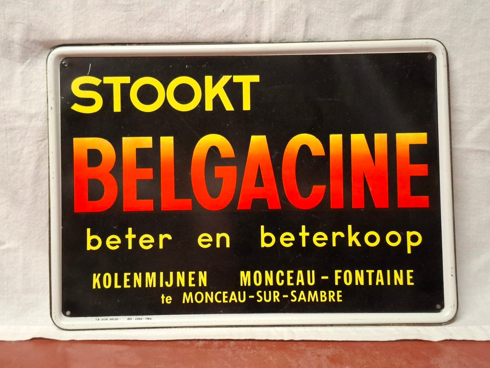 Blik  Stookt  Belgacine  1966, Verzamelen, Ophalen of Verzenden, Zo goed als nieuw, Reclamebord