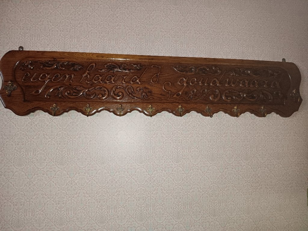 Antieke eikenhouten wandkapstok (1m40) met spreuk, engeltjes, Enlèvement