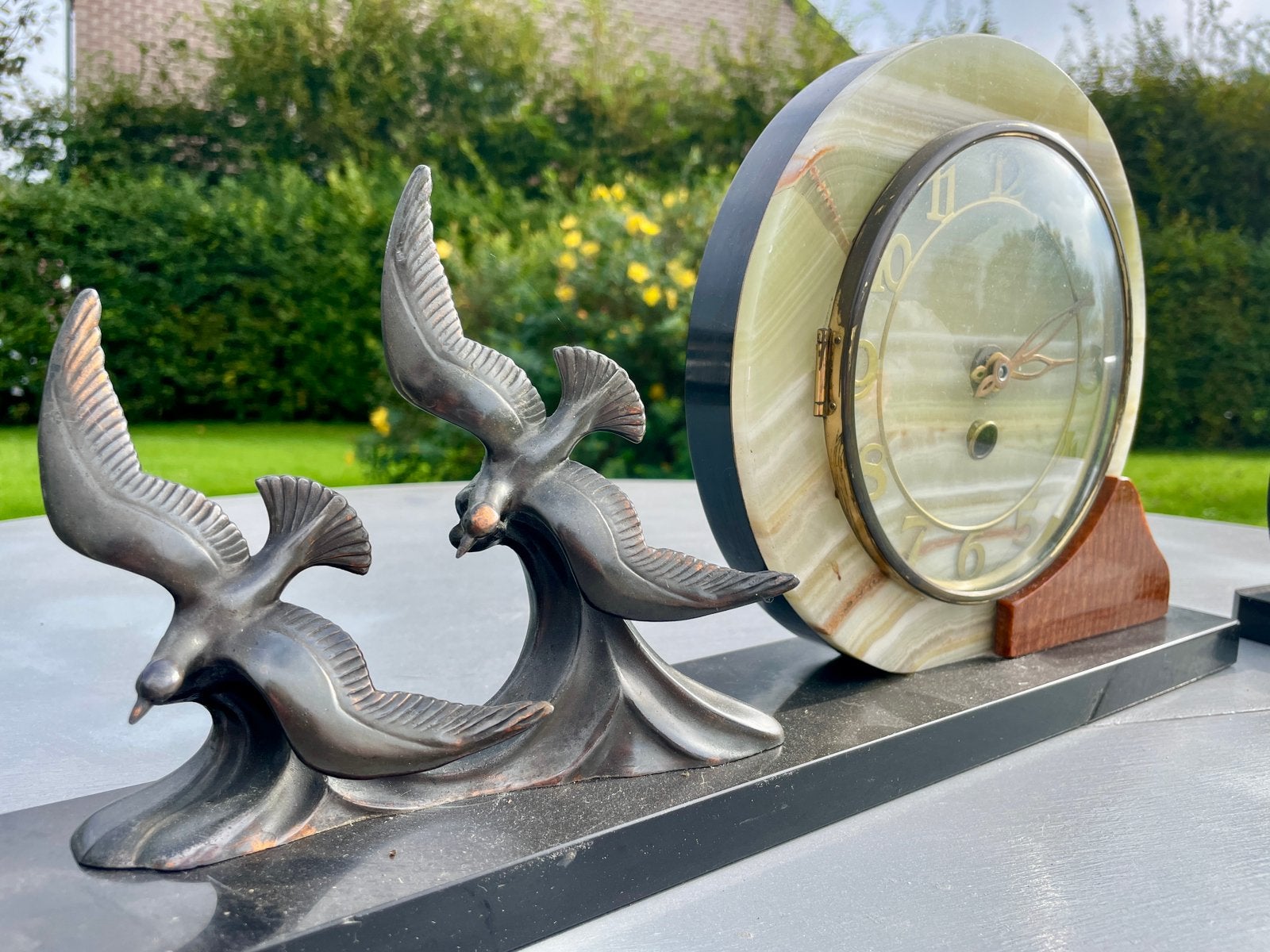 Art deco marmer/onyx haardset met vogels, Ophalen