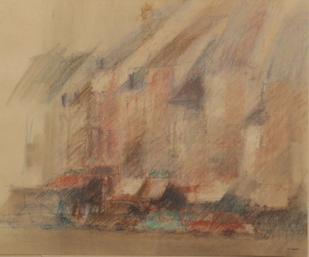 Roger Schep (1937-2007): Stadszicht (67 x 59 cm), Antiquités & Art, Enlèvement ou Envoi, Daté, Aquarelle
