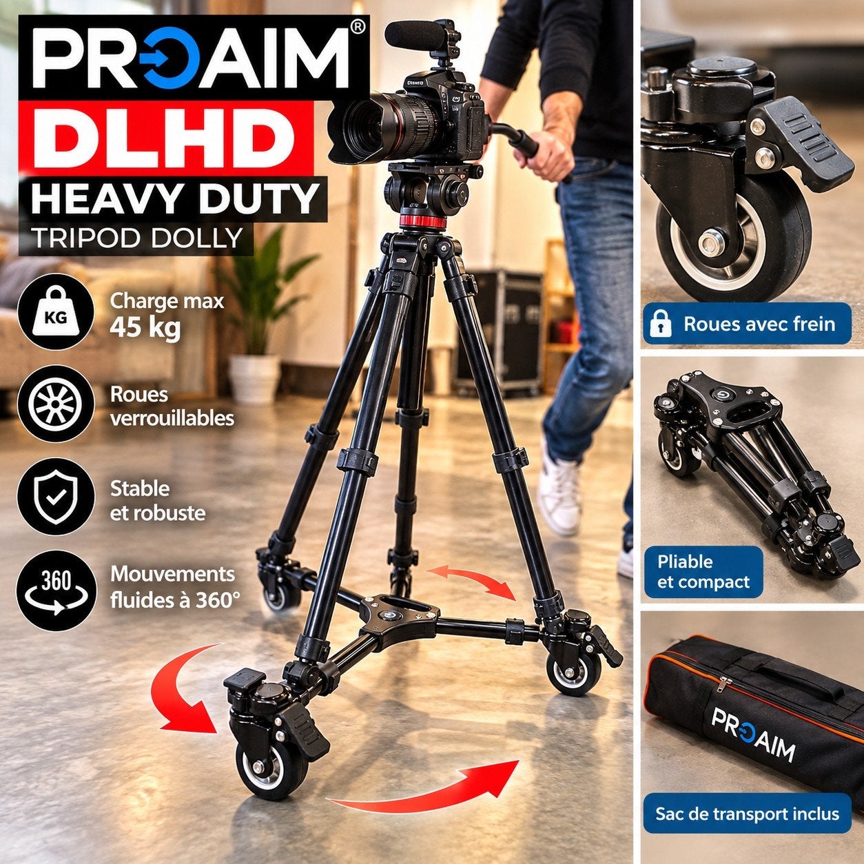 ProAm USA DLHD Heavy Duty – Dolly Trépied Caméra + Sac, TV, Hi-fi & Vidéo, Enlèvement ou Envoi