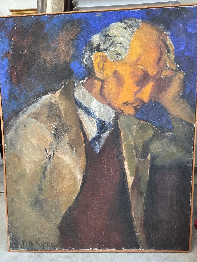 M De Keyser: schilderij 'Denkende man', Figures, Peinture acrylique, Autres matériaux, Peint à la main