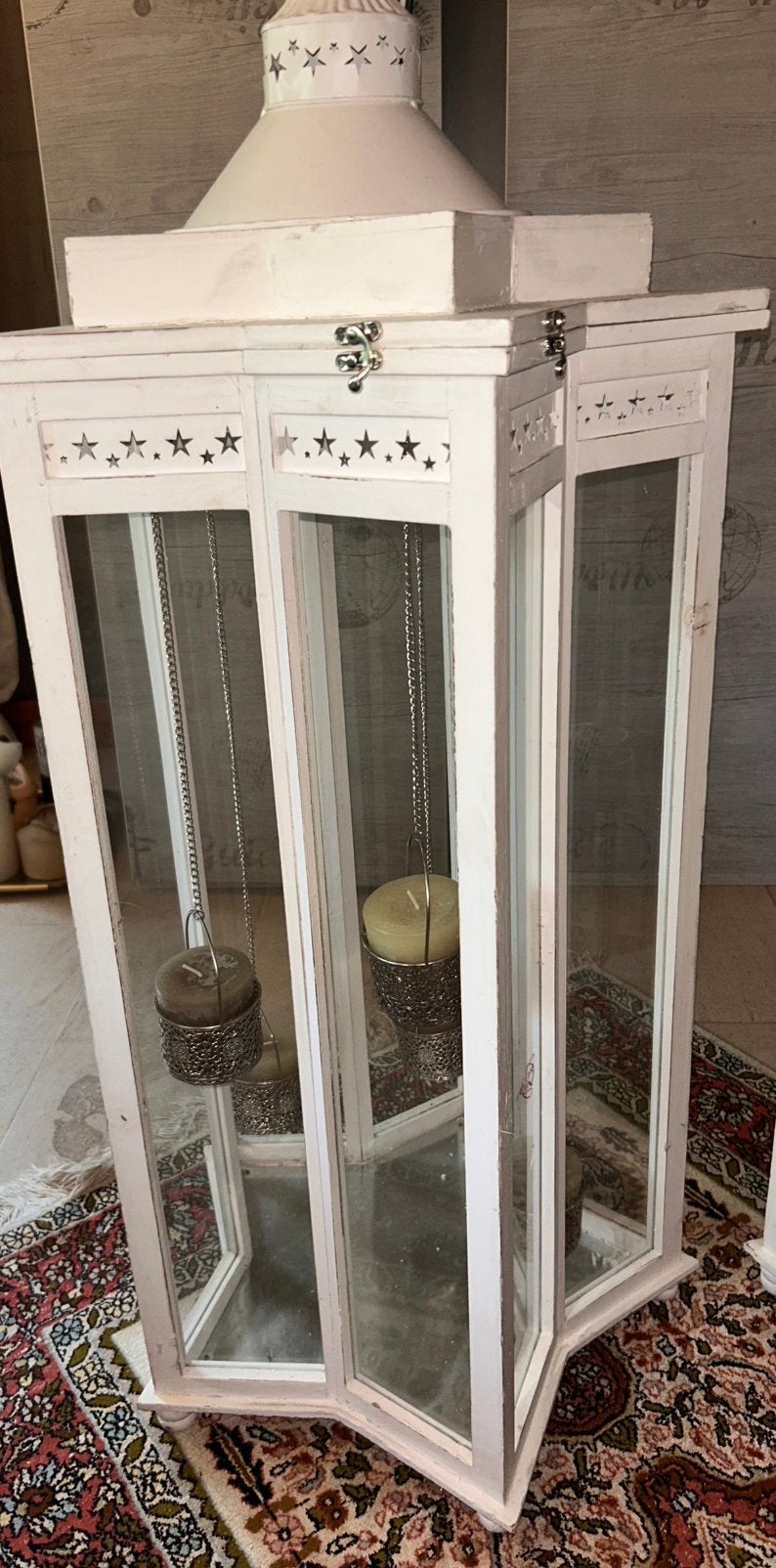 Set van 2grote landelijke lantaarns,windlichten,Wit met glas, Ophalen, Zo goed als nieuw, Wit, Glas