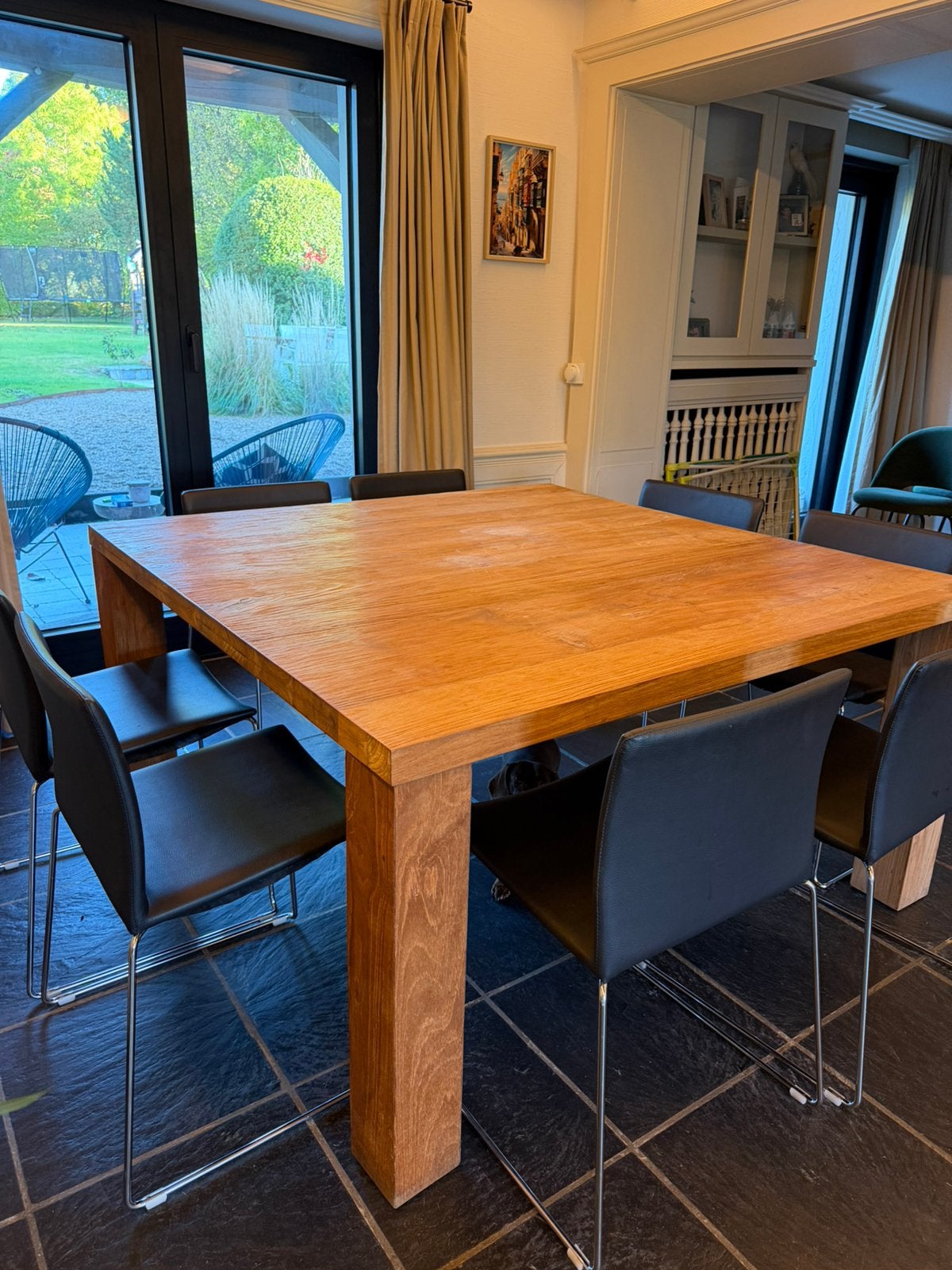 Houten tafel met 8 stoelen, 100 à 150 cm, Cinq personnes ou plus, Carré, 100 à 150 cm