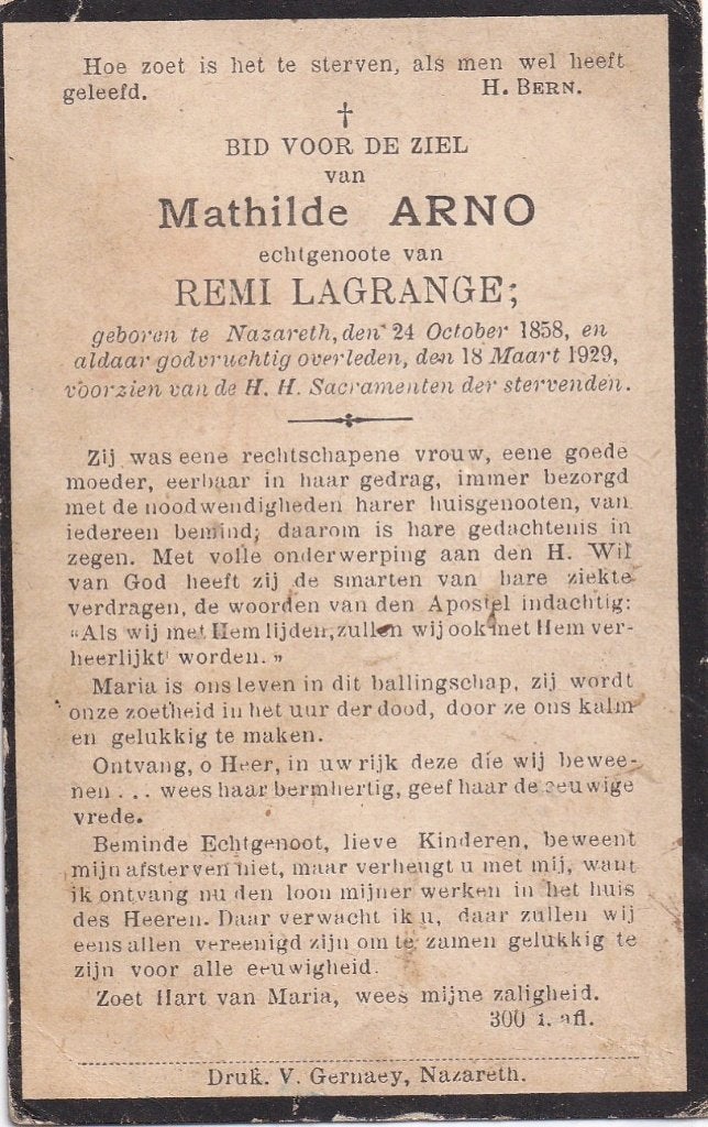 B P NAZARETH ARNO 1858 - 1929, Ophalen of Verzenden, Bidprentje