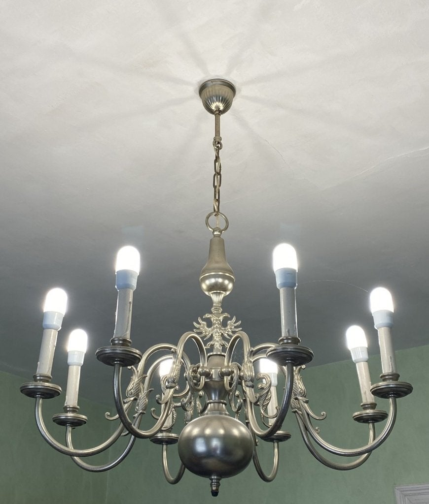Lustre en étain 8 branches diamètre 80cm Vintage, Enlèvement, Utilisé, E14 (petit), Métal
