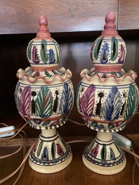 Paar vintage Tunesische of Moorse keramische lampen, Met schakelaar, Vintage, 32 cm, Meerkleurig