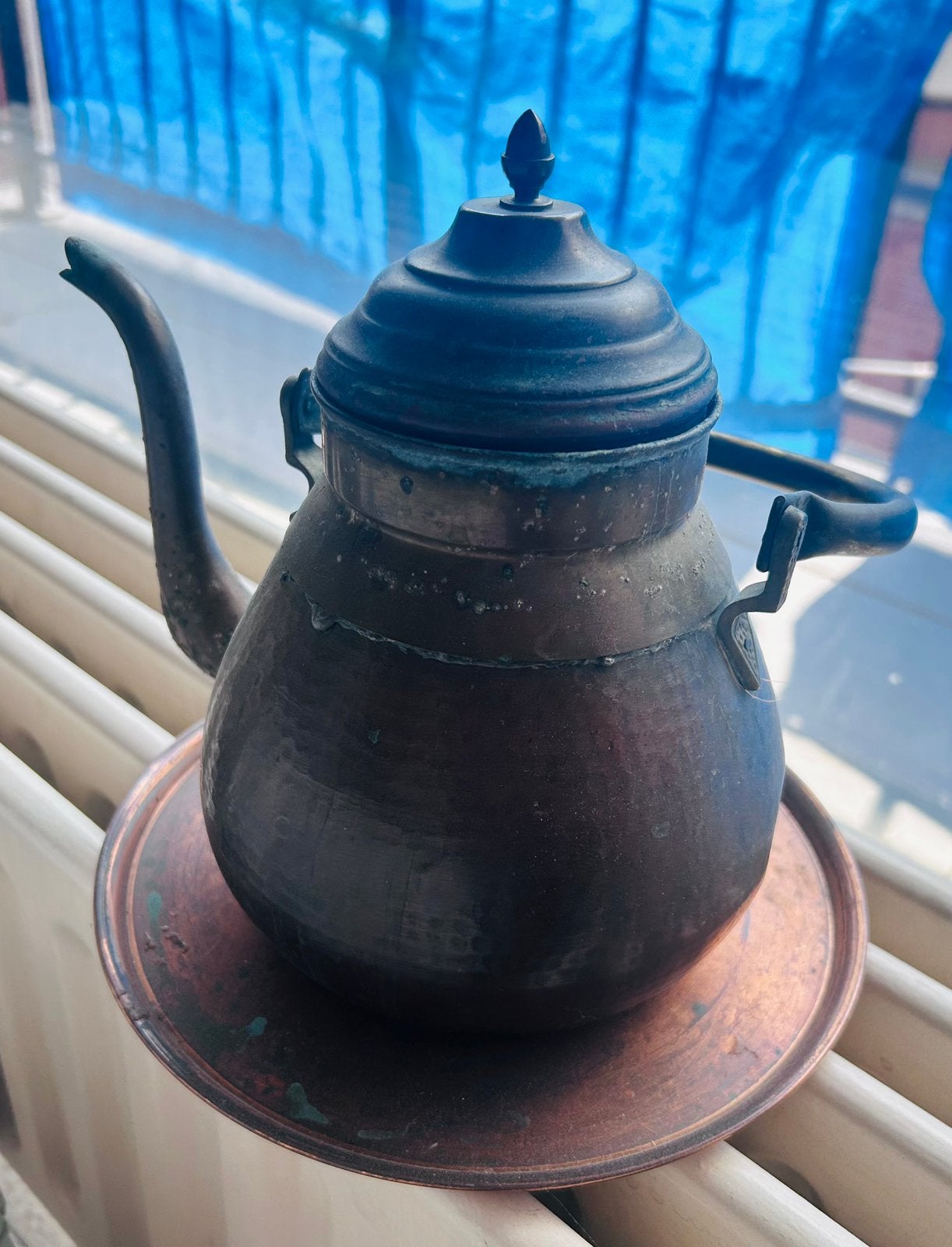 Antieke koperen koffieketel / theeketel met tinnen deksel, Ophalen