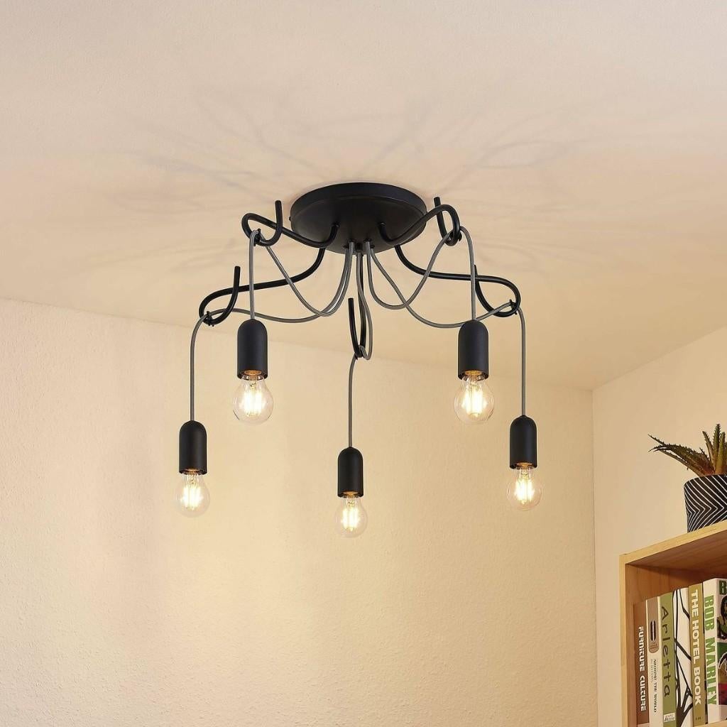 Industriële kroonluchter lamp, Ophalen, Kroonluchter, Zwart, Dimbaar