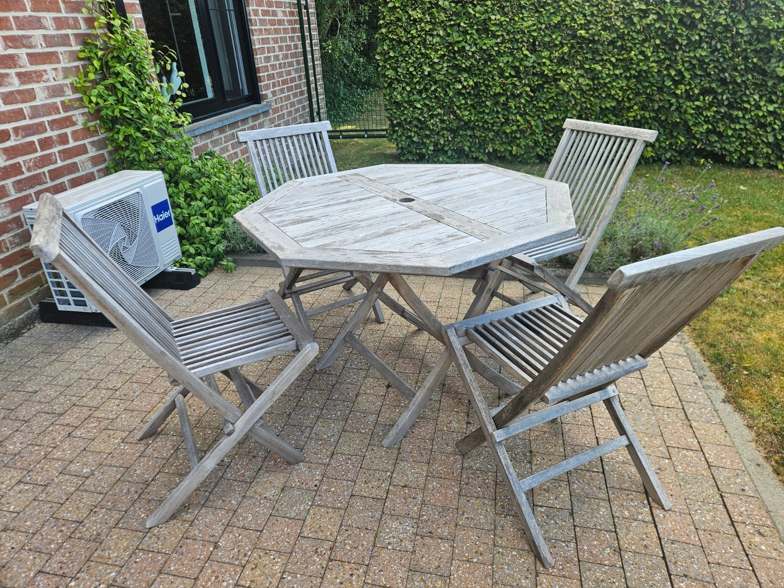 Tuinset – teakhouten achthoekige tafel + 4 klapstoelen, Enlèvement, Bois de teck, Salons de jardin